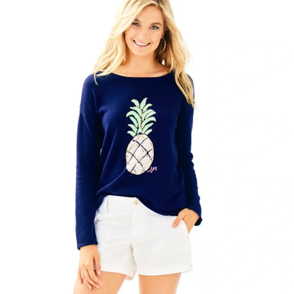 Lilly Pulitzer Roselle Sweater True Navy Pineapple Gold Sequin Detail